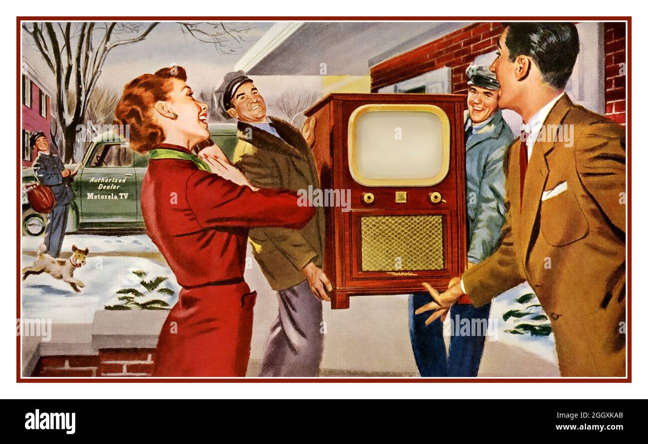 TELEVISIONE 1950 archivio vintage Motorola TV stampa illustrazione pubblicità con la nuova e ultima tecnologia console televisione in corso di consegna durante la stagione invernale, per la gioia evidente dei clienti americani destinatari USA Foto Stock