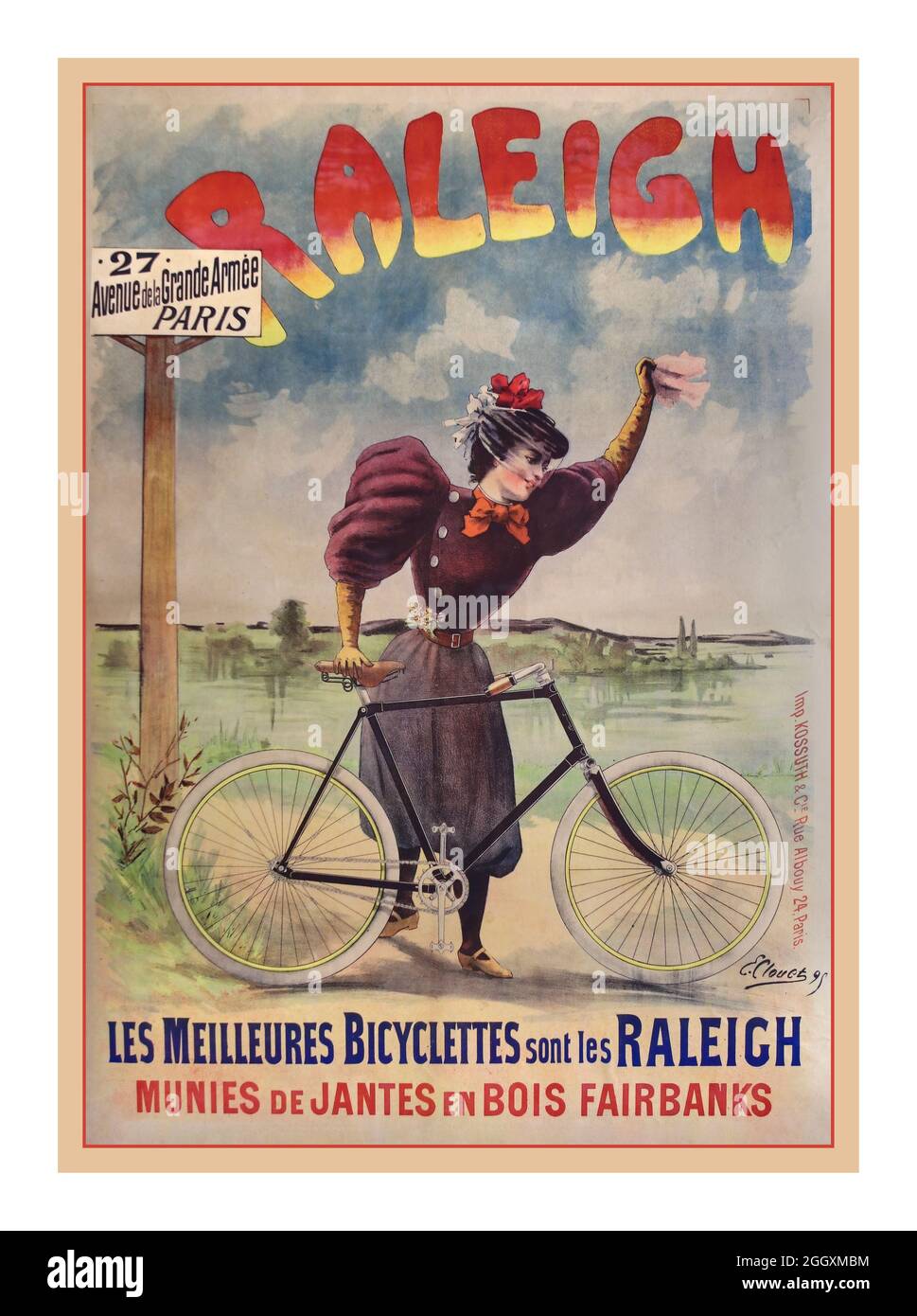 Poster francese per biciclette d’epoca 1890 per ‘Raleigh Bicycle 27 Avenue de la Grande Armee Paris / Les meilleures Bicyclettes sont Les Raleigh/ Munies de Jantes en Bois Fairbanks’ stampato da: J. Kossuth & Cie – 24, Rue Albouy, Parigi. Artista: Emile Clouet (Francese 19/XX secolo) Foto Stock
