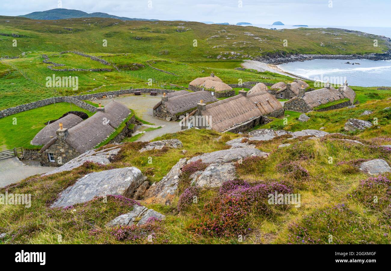 Gearrannan Blackhouse Village a Garenin sull'Isola di Lewis , Ebridi esterne, Scozia Regno Unito Foto Stock