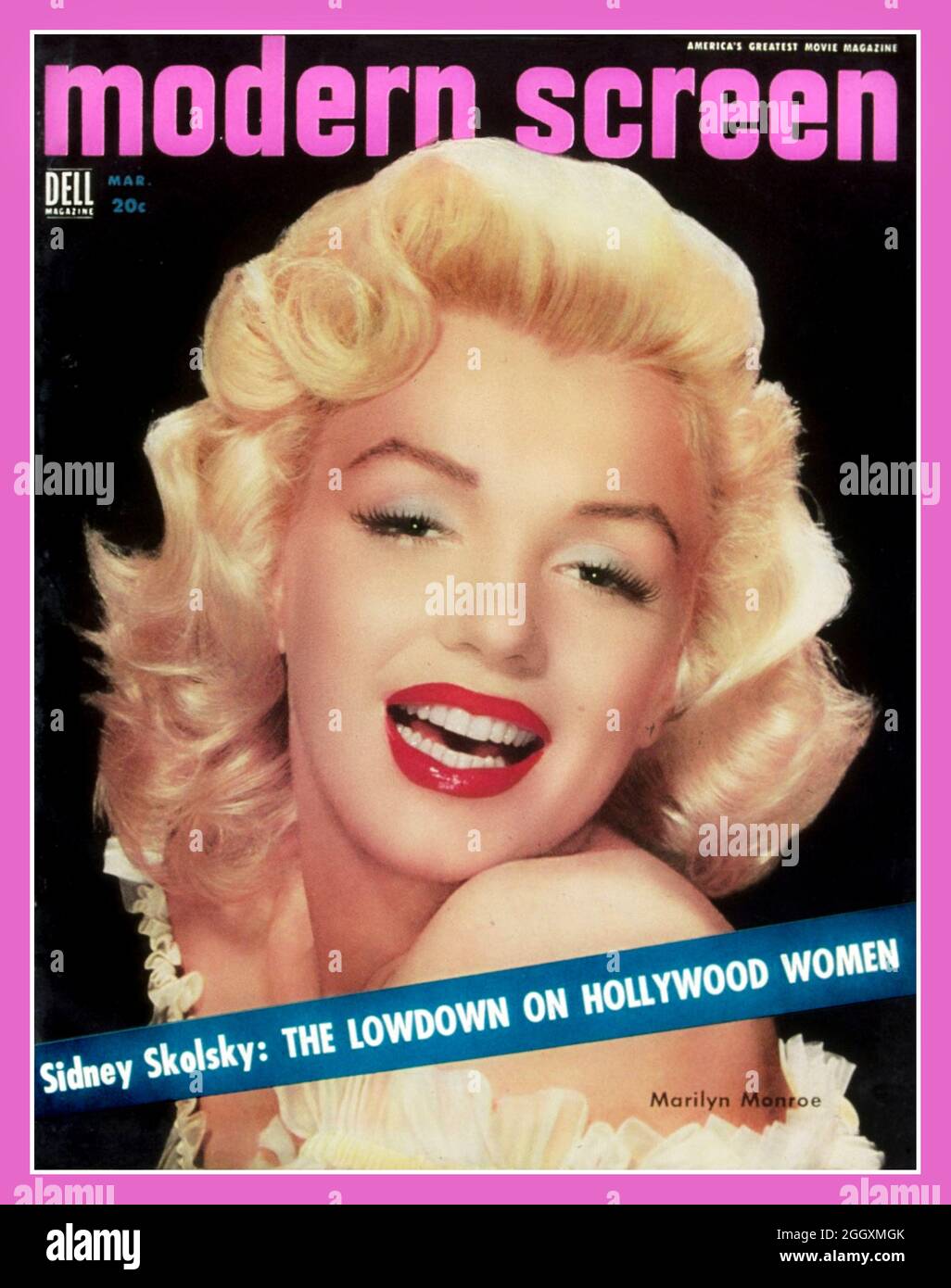 Marilyn Monroe degli anni '50 sulla copertina anteriore di 'Modern Screen' una rivista di film con tutti i film di Hollywood informazioni scandalo e pettegolezzo Hollywood USA Foto Stock