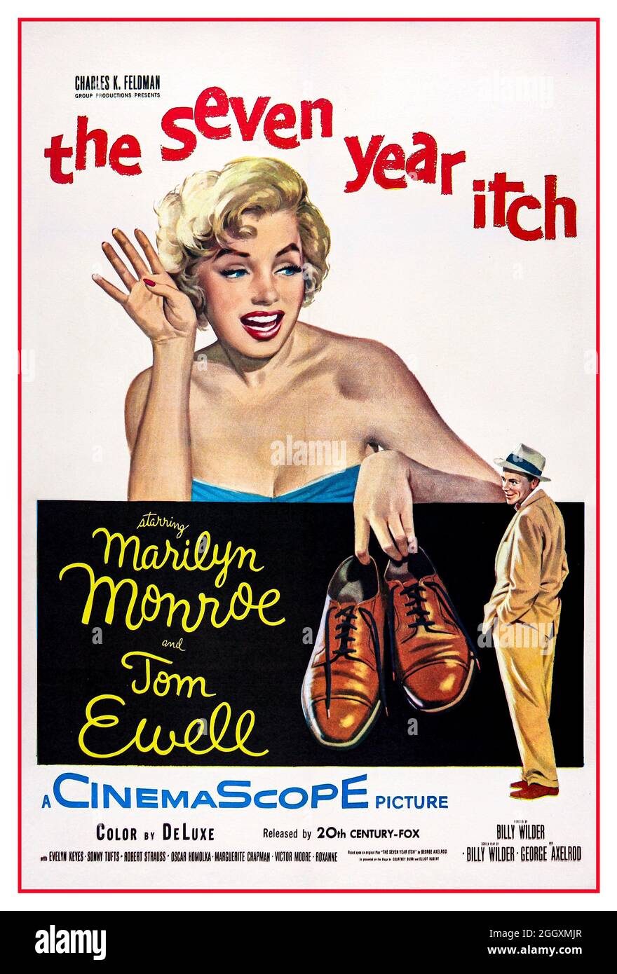 Poster del film d'epoca del 1955 "The Seven Year itch" con Marilyn Monroe e Tom Ewell retro 1950 poster del cinema d'immagine d'epoca per Marilyn Monroe in "The Seven Year itch" il Seven Year itch è un film di commedia romantica del 1955 basato su un gioco a tre atti con il Stesso nome di George Axelrod. Il film è stato co-scritto e diretto da Billy Wilder, e le stelle Marilyn Monroe e Tom Ewell Foto Stock