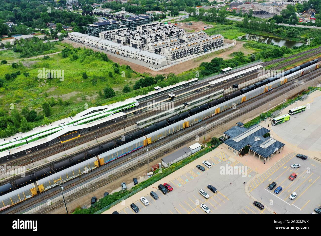 Vista aerea della stazione ferroviaria di Burlington, Ontario, Canada Foto Stock