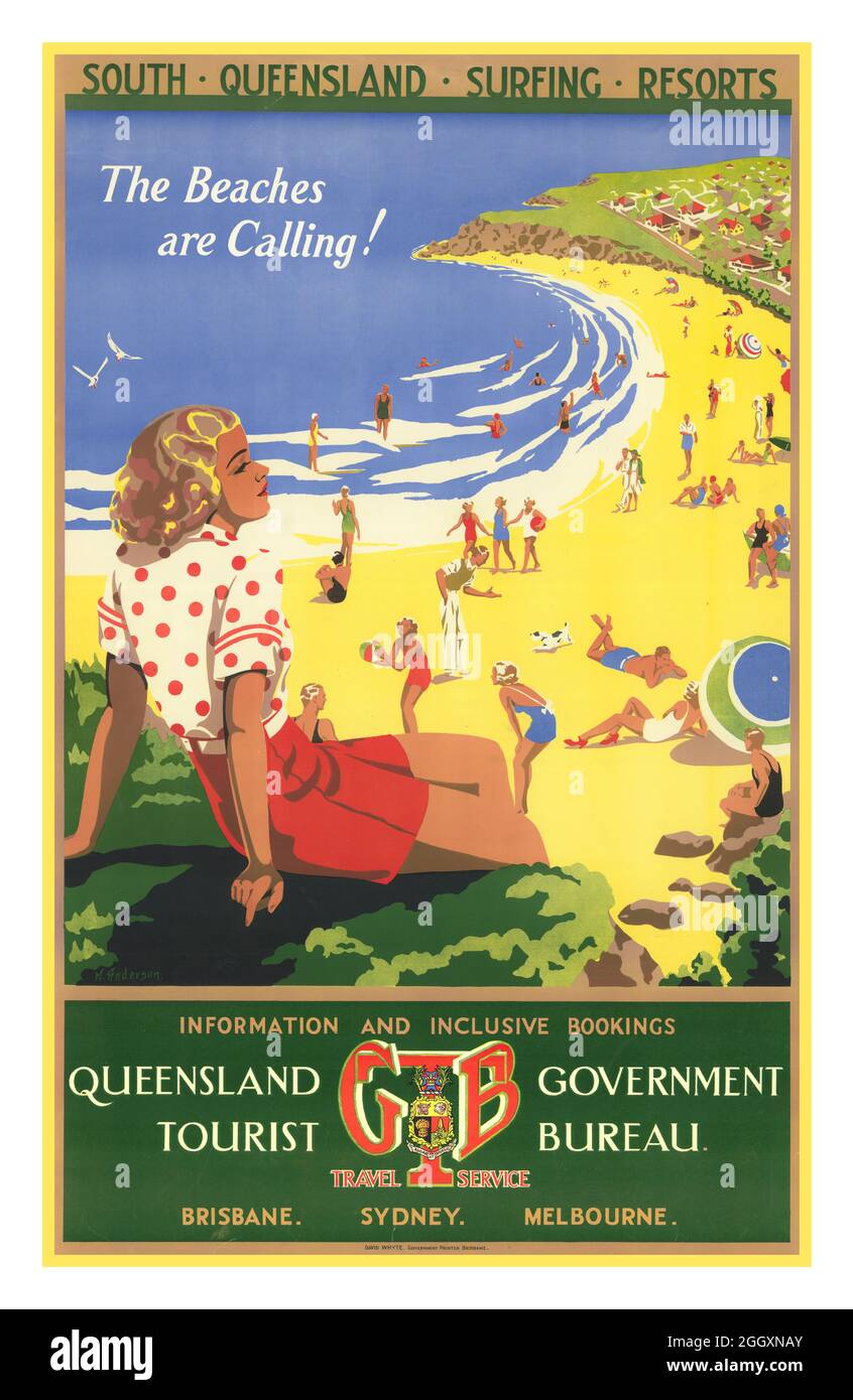 Vintage 1950 Australia South Queensland Travel Poster 'le spiagge sono chiamate' Surfing Resorts Queensland Government Tourist Bureau Australia Foto Stock