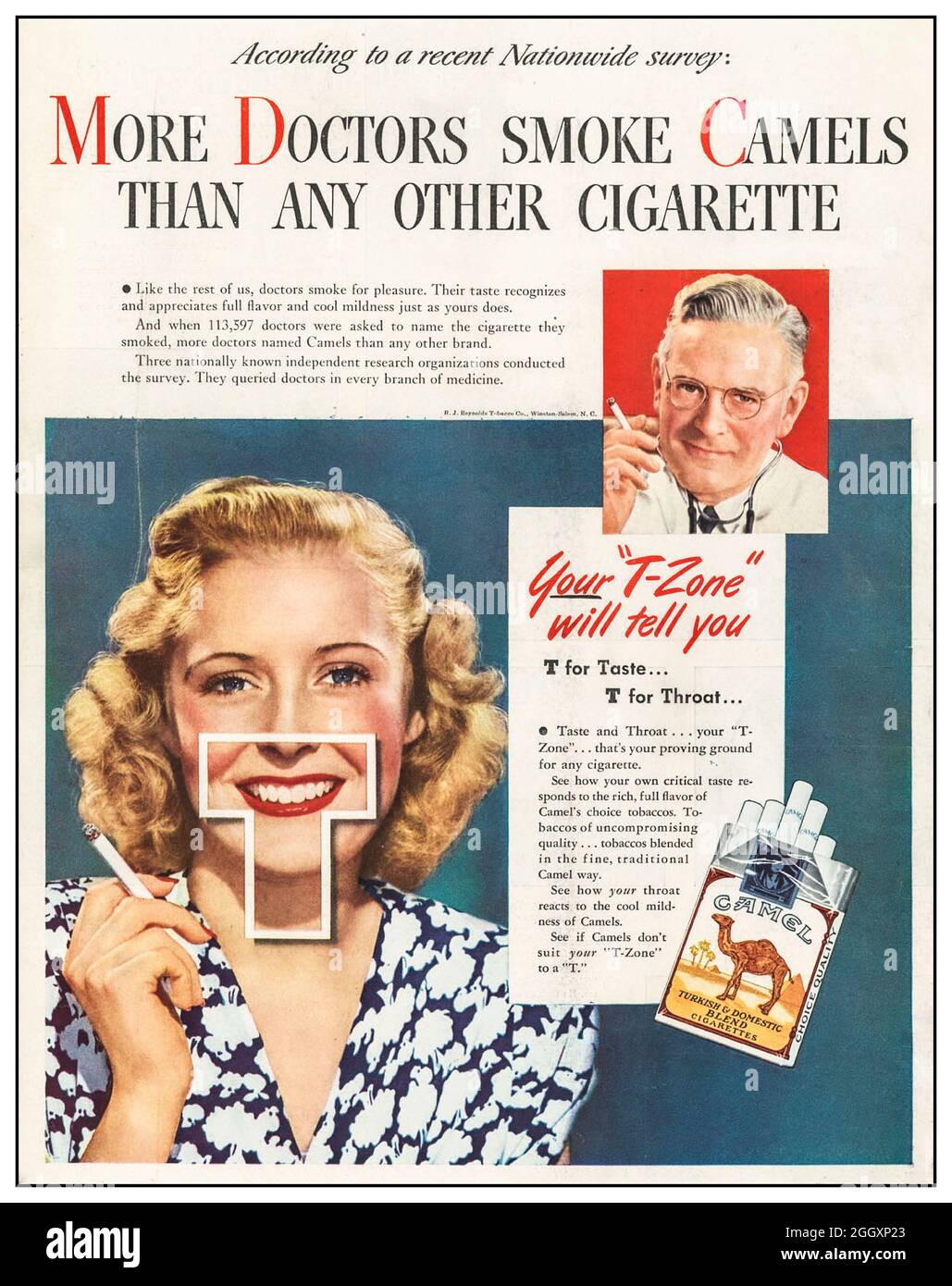 1950 Vintage sigaretta pubblicità per le sigarette Camel con un prodotto approvato da un medico. "Più medici fumano cammelli di qualsiasi altra sigaretta" America USA Foto Stock