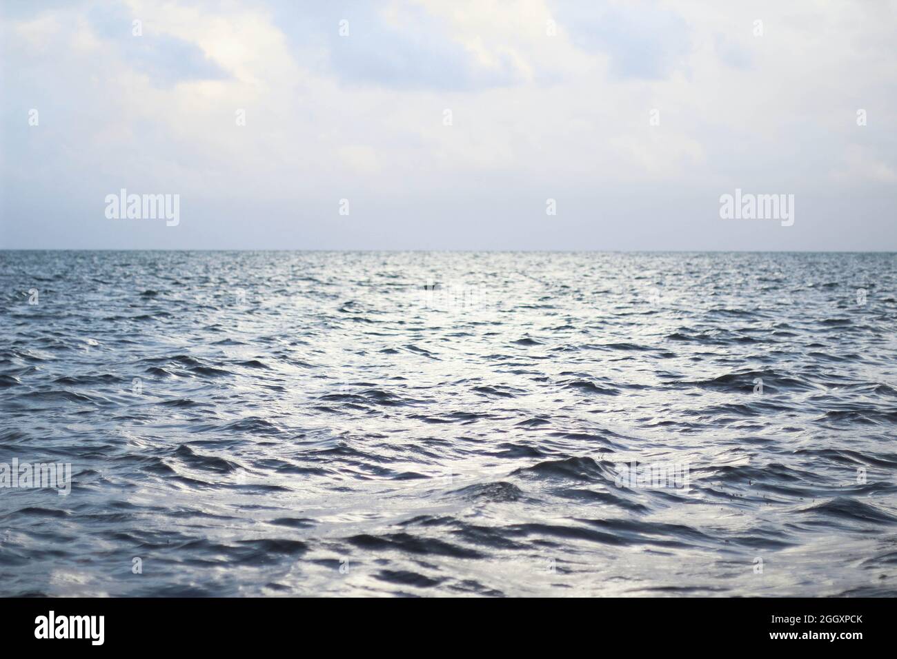 Oceano sereno e rilassante con uno splendido sfondo blu cielo. CopySpace Foto Stock