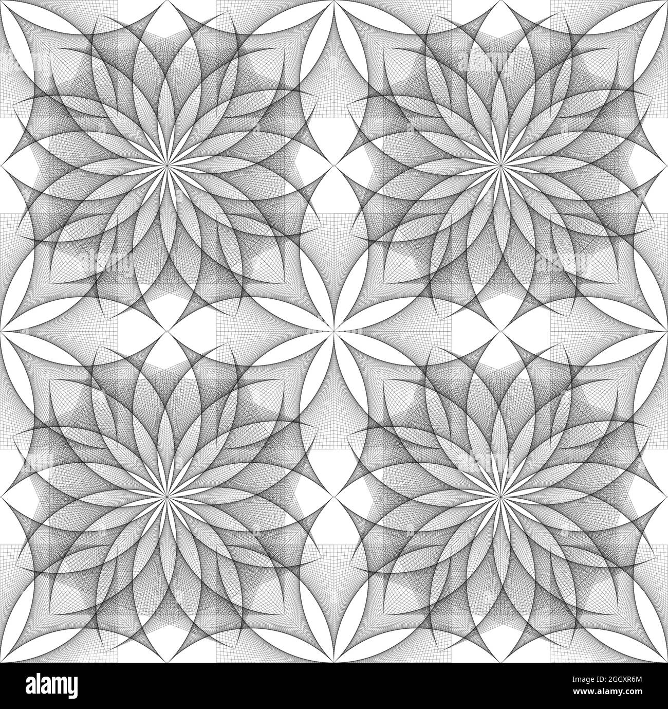 Simbolo senza giunture Flower of Life, modello quadrato, struttura geometrica a reticolo del Sacro fiore di loto, arte del filo, geometria Sacra floreale in griglia a linee nere String Illustrazione Vettoriale