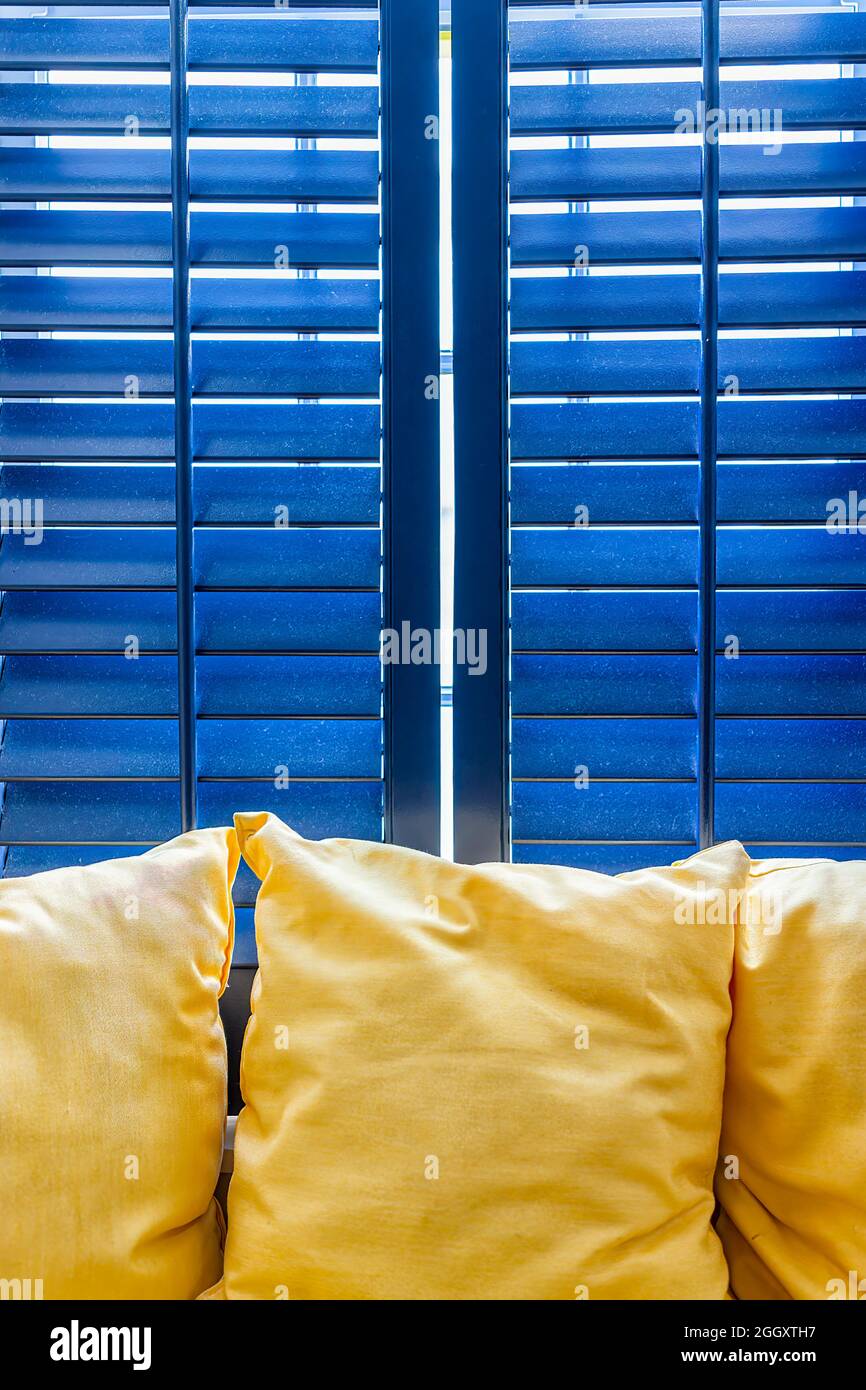 Persiane colorate blu finestra in camera di casa in soggiorno tende in Florida con vista verticale di cuscini gialli divano divano letto complementare col Foto Stock