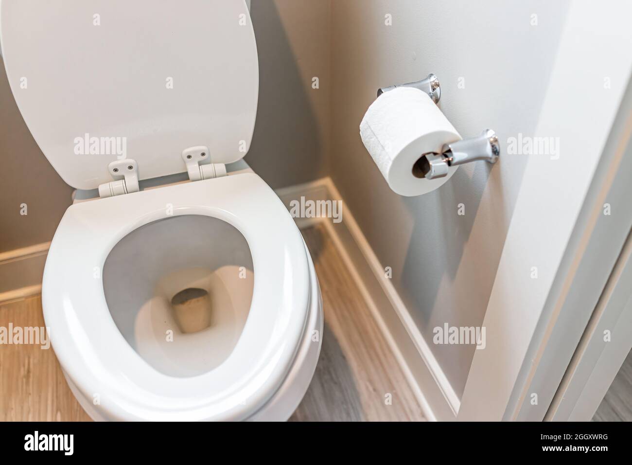 Bagno moderno bianco normale pulito wc con portarotolo di carta in stanza da bagno casa pulito staging mostra Foto Stock