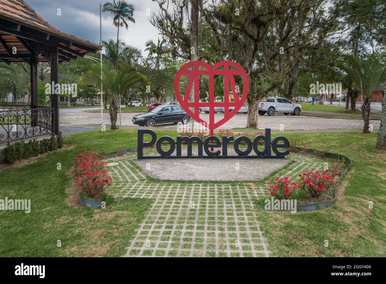 Cartello città di Pomerode - Pomerode, Santa Catarina, Brasile Foto Stock