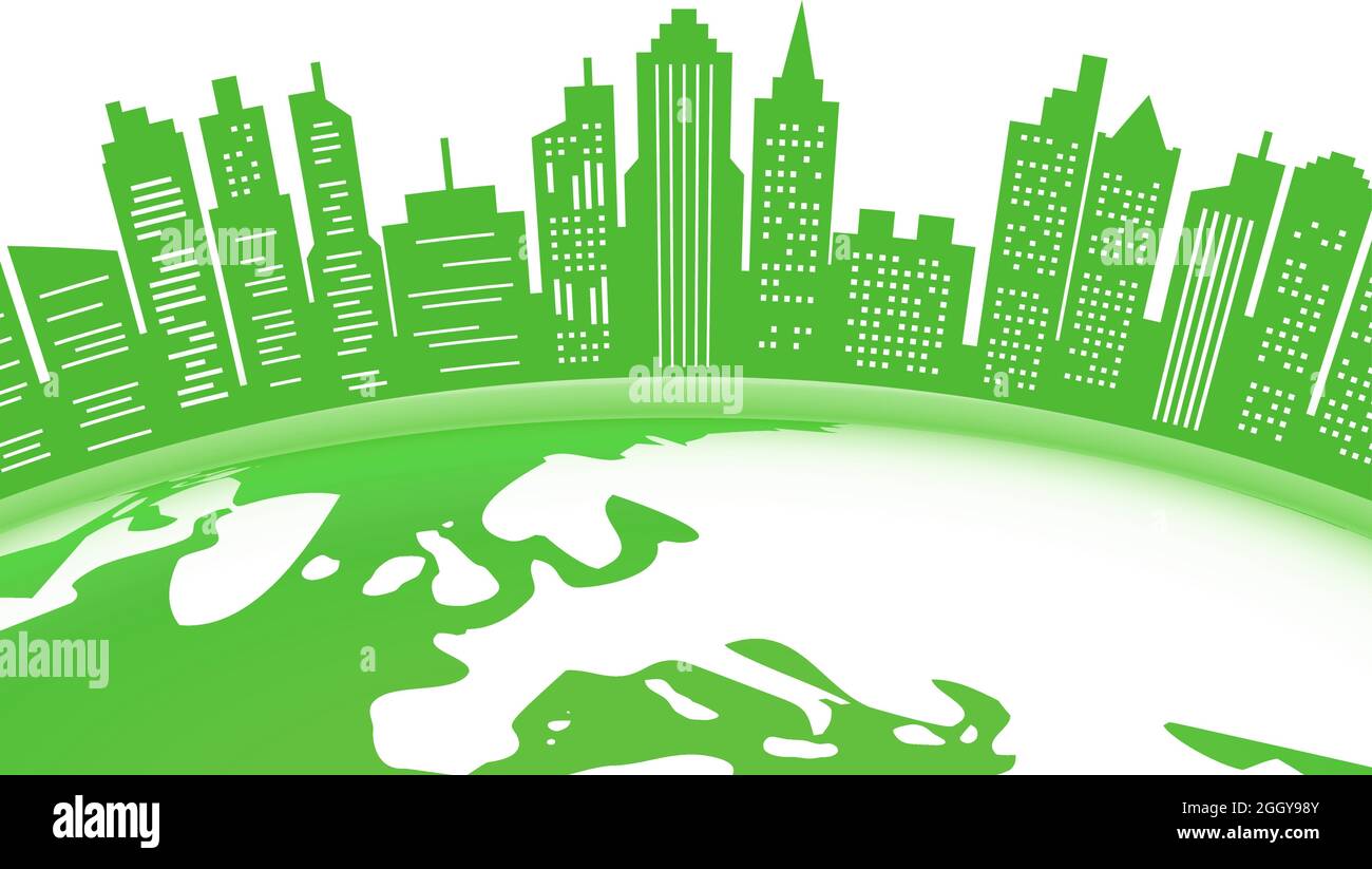Green Eco illustrazione del paesaggio urbano con la Mappa del mondo Illustrazione Vettoriale