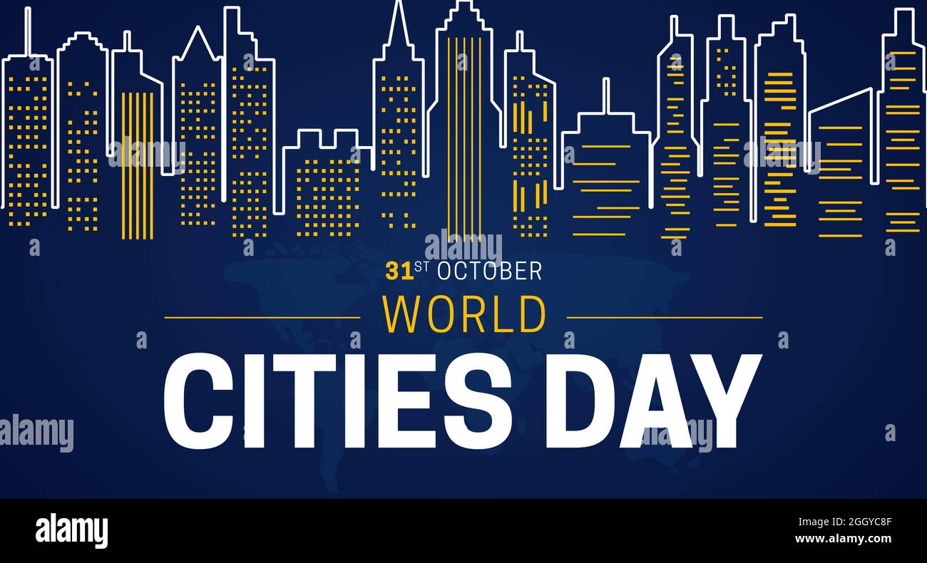 World Cities Day illustrazione sfondo con paesaggio urbano notturno Illustrazione Vettoriale