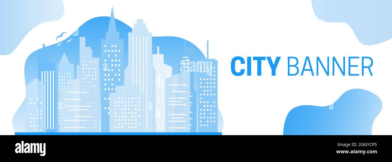 Illustrazione della bandiera blu del Web site della città con gli edifici Illustrazione Vettoriale