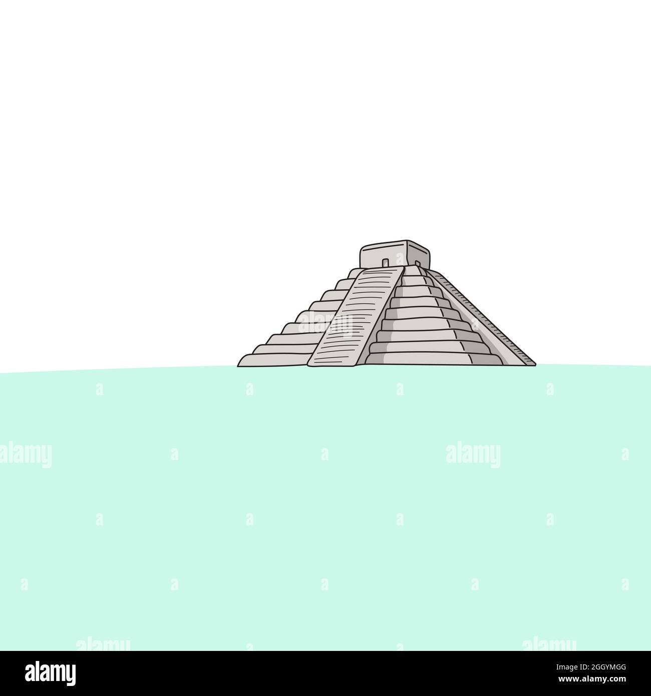 El Castillo o il tempio Kukulkan di Chichen Itza, piramide maya in Yucatan, vettore messicano llustration disegnato a mano isolato su sfondo bianco. Illustrazione Vettoriale