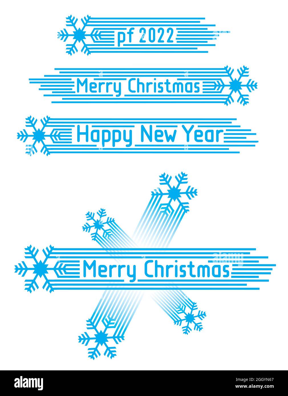 Auguri di Natale e Capodanno con fiocco di neve. Illustrazione di iscrizioni decorative blu festive. Vettore disponibile. Illustrazione Vettoriale