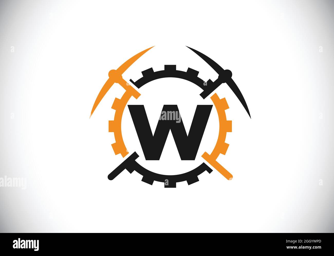 Lettera W iniziale monogramma con piccone e segno di marcia. Design del logo minerario. Moderno logo vettoriale per l'azienda mineraria e l'identità aziendale Illustrazione Vettoriale