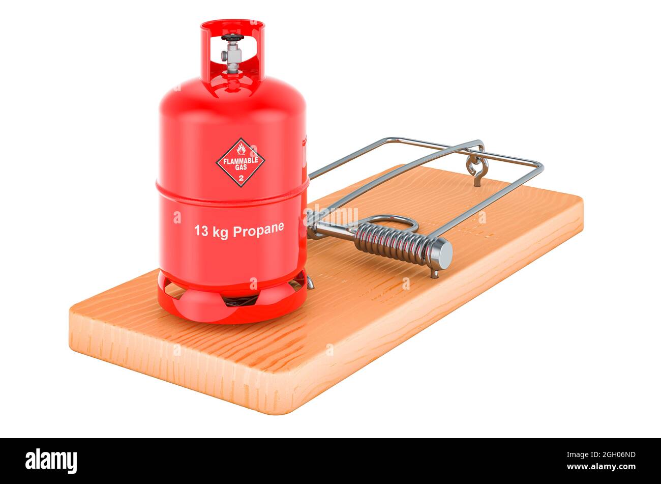 Bombola di gas propano all'interno di mousetrap, rendering 3D isolato su sfondo bianco Foto Stock
