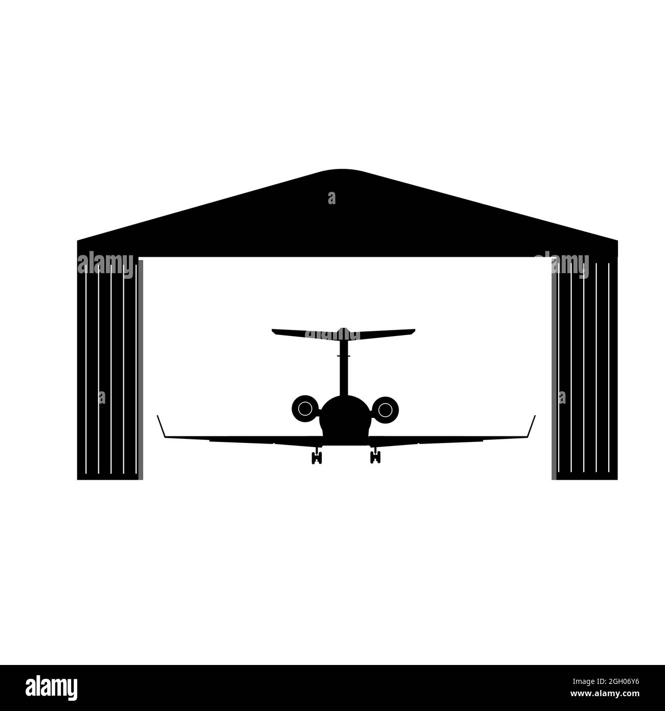 Icona Hangar su sfondo bianco. Cartello Hangar per aeroplani simbolo hangar aeroporto. Logo Aircraft Hangar. stile piatto. Foto Stock