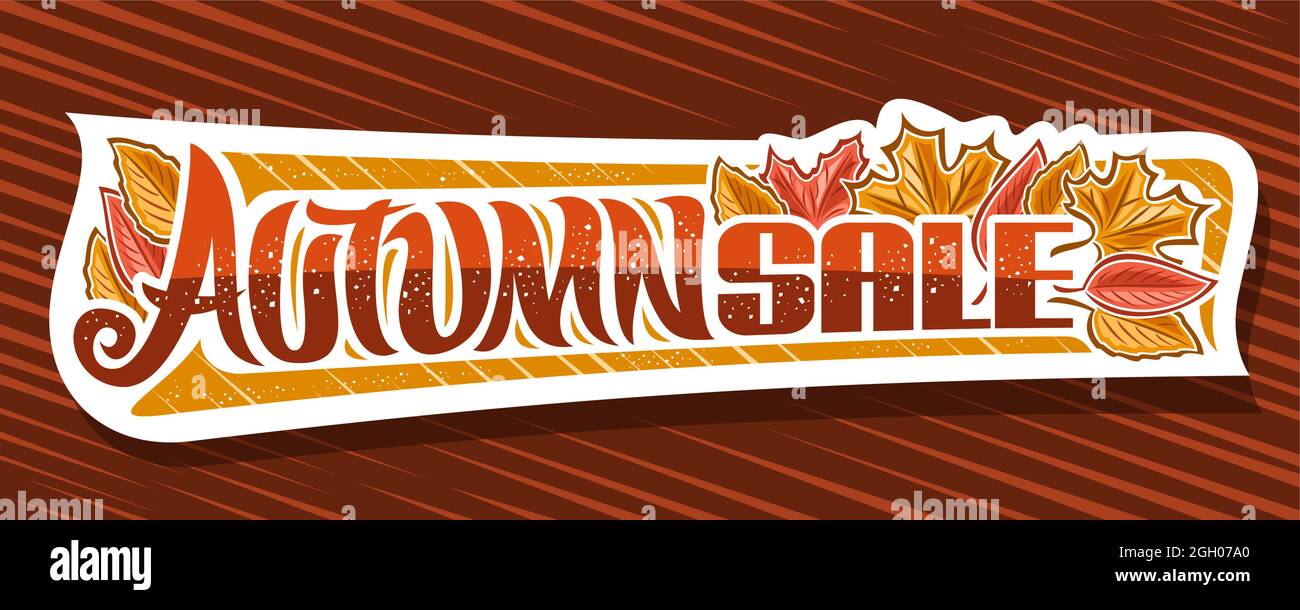 Banner vettoriale per la vendita autunnale, cartellone decorativo con illustrazione di foglie di acero giallo secco e pianta della foresta rossa, concetto di pubblicità Illustrazione Vettoriale