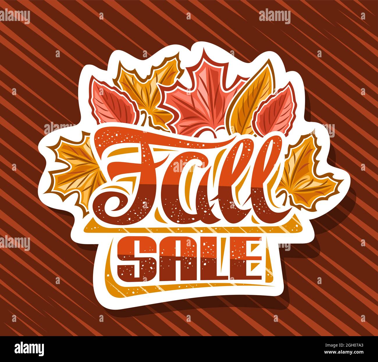 Logo vettoriale per la vendita autunnale, carta decorativa taglio cartello con illustrazione di foglie di acero giallo secco e piante di foresta rossa, pubblicità concetto wit Illustrazione Vettoriale