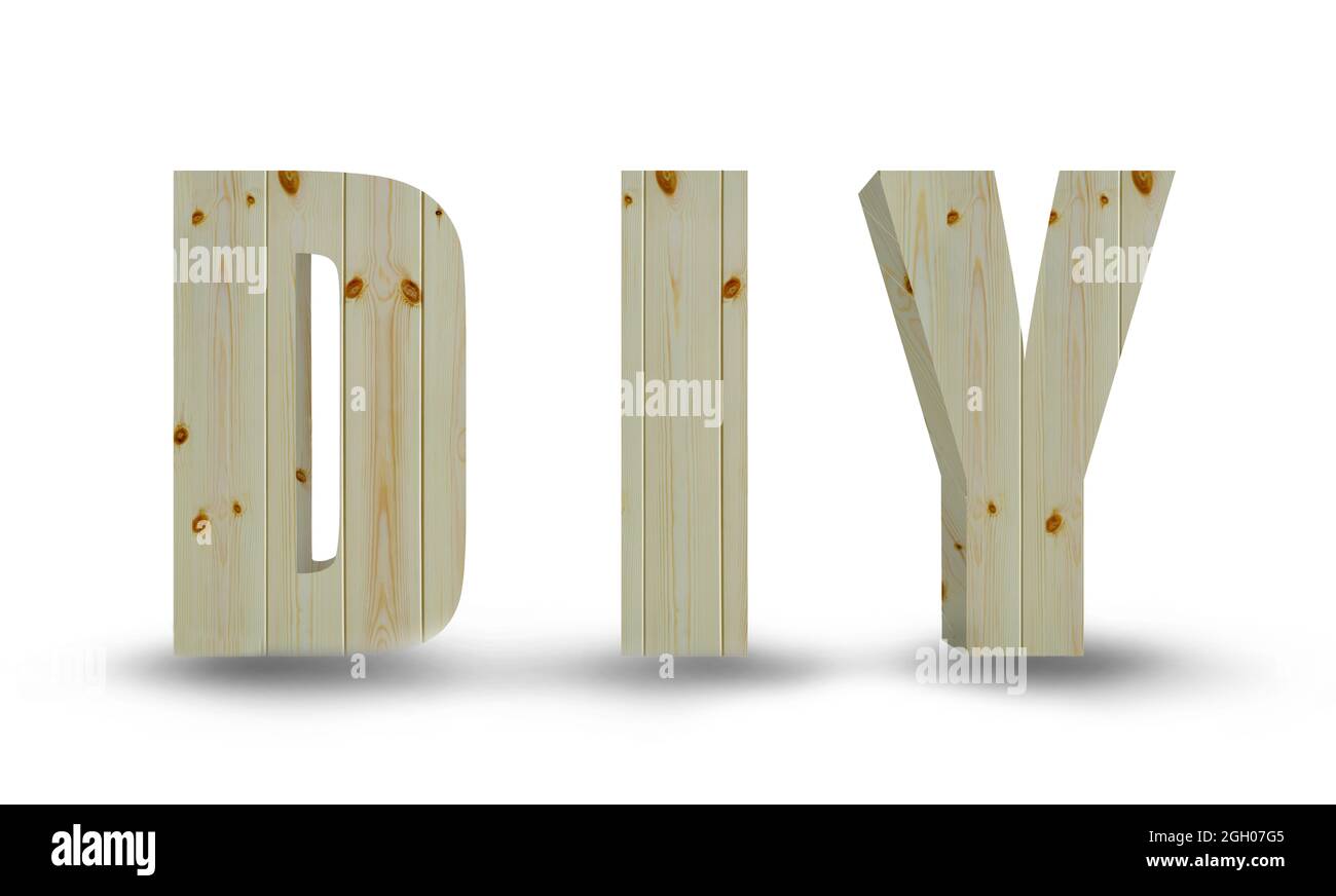 Lettere di legno di DIY isolato su sfondo bianco Foto Stock