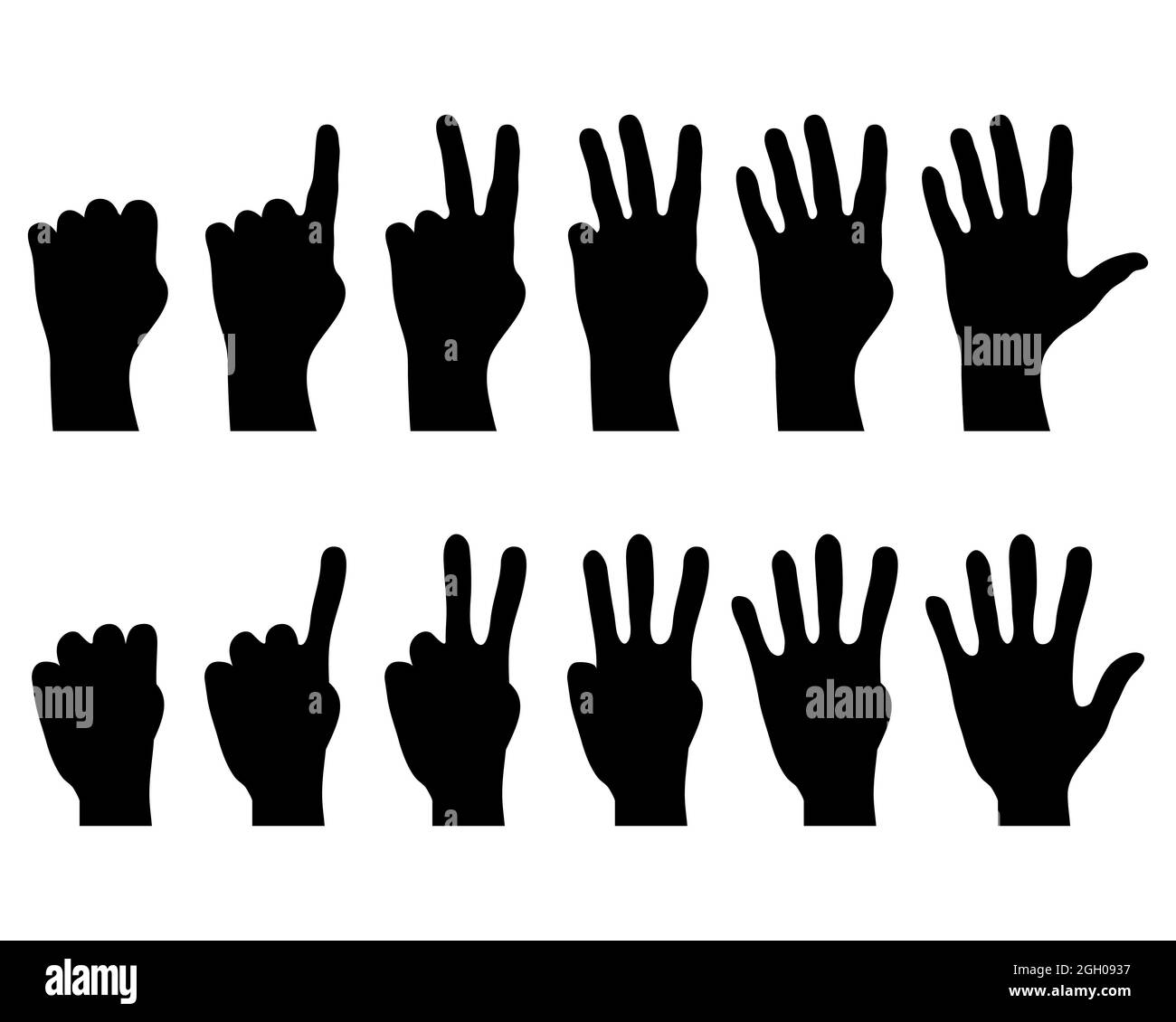 Le silhouette delle mani con le dita contano su uno sfondo bianco Foto Stock