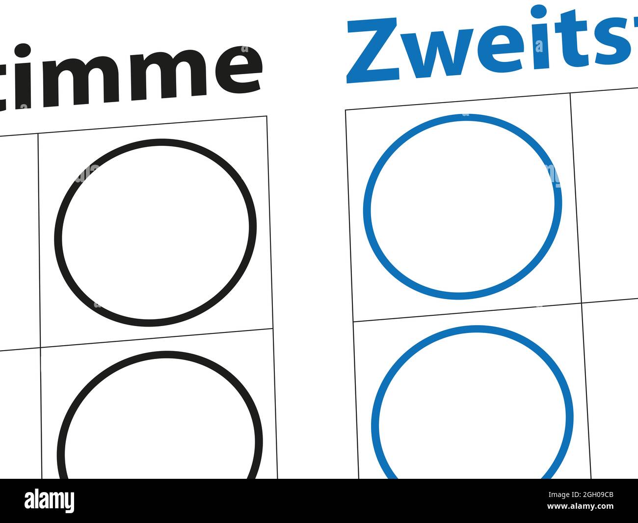 Campione generico di un documento di voto di un'elezione in germania con divisione delle parole Erstimme und Zweitstimme (primo e secondo voto in tedesco) Foto Stock