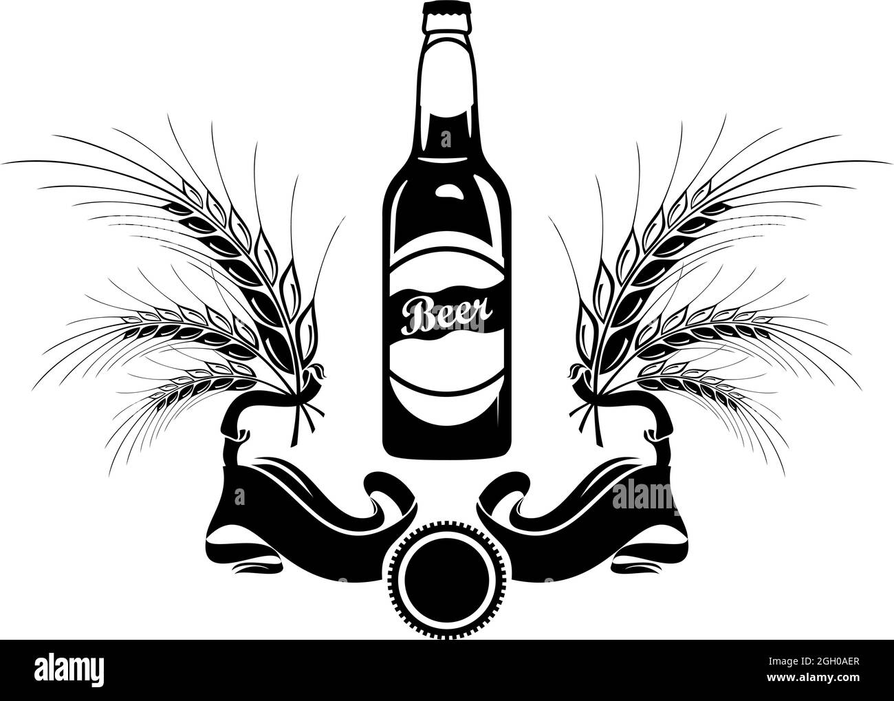 Bottiglia di birra con logo Barrel Pub Bar Tavern Brewery Barley Brewing etichetta con nastro alcolico bianco e nero. Illustrazione Vettoriale