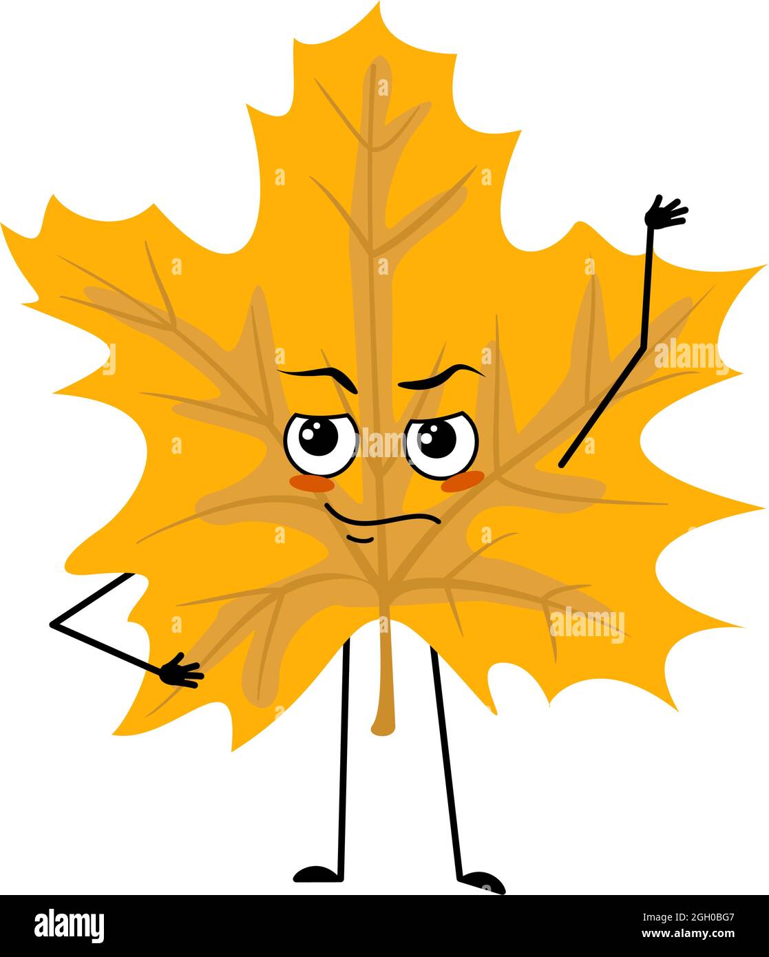 Acero foglia carattere con le emozioni di un eroe, un volto coraggioso, braccia e gambe. Allegra pianta forestale di colore giallo autunno Illustrazione Vettoriale