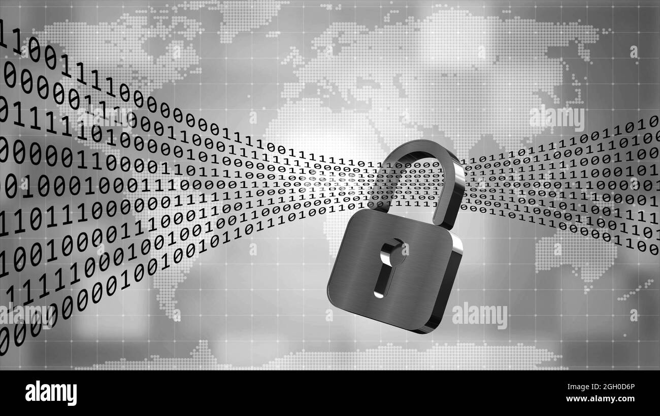 Flusso di dati digitali attraverso lucchetto chiuso - serie di codice binario su sfondo mappa mondiale - sicurezza internet e protezione dei dati Foto Stock