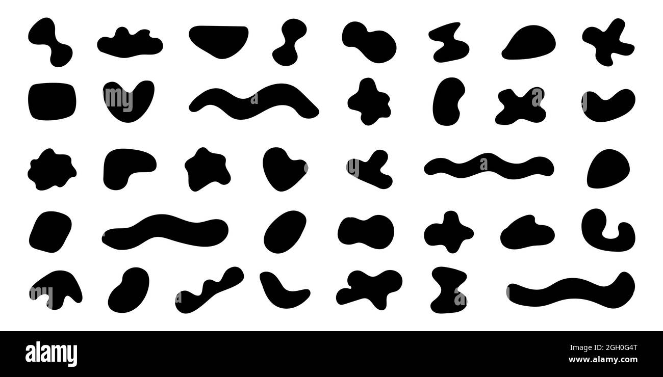 Forma irregolare del blob. Raccolta di forme di splotch casuale. Vernice asimmetrica vettoriale nera Illustrazione Vettoriale