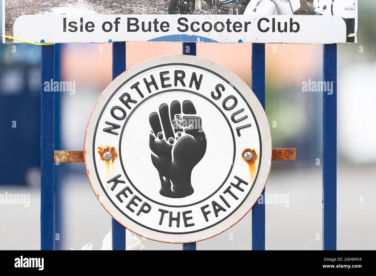 Northern Soul Keep the Faith sign and logo, Rothesay, Isle of Bute, Argyll and Bute, Scozia, REGNO UNITO Foto Stock