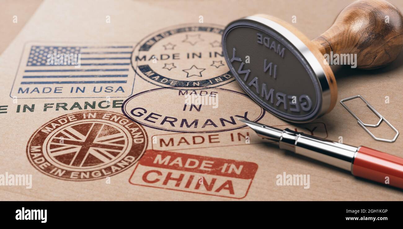 Molti francobolli con il nome dei paesi stampati su sfondo di carta marrone. Concetto di canali di distribuzione globali. Illustrazione 3D. Foto Stock