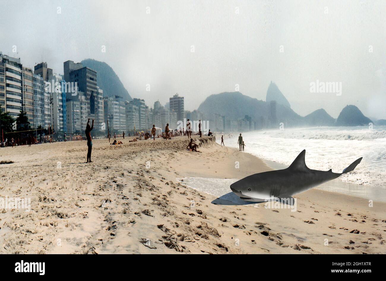 CGI-Visualizierung: Weisser Hai am Copacabana Beach / cgi visualizzazione: (nur fuer redaktionelle Verwendung. Keine Werbung. Referenzdatenbank: http: Foto Stock