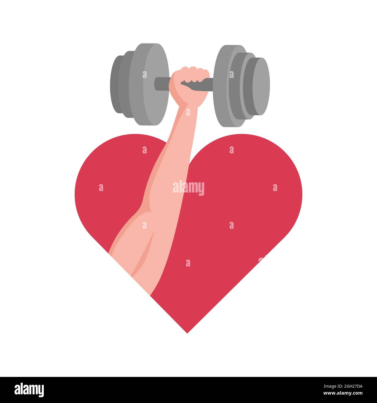 Mano con i muscoli che tengono il dumbbell sullo sfondo di rosso cuore vettore illustrazione piatta. Divertimento dello sport, concetto di stile di vita attivo sano. Fitness club o concetto di allenamento. Illustrazione Vettoriale