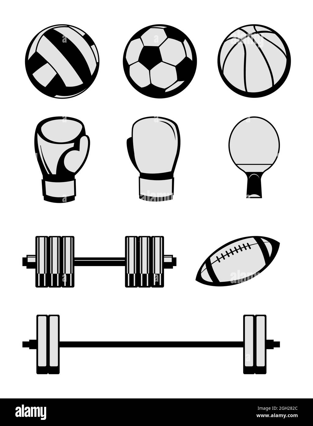 Imposta diverse attrezzature sportive per gli atleti. Isolato su sfondo bianco. Vettore di illustrazione monocromatico. Illustrazione Vettoriale