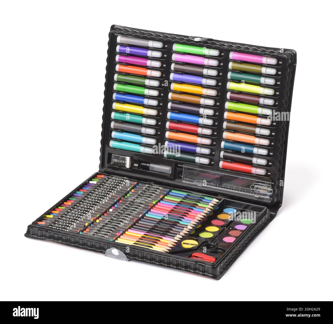 Set d'arte di matita colorata, pastello a pastello, pennarello, acquerello in scatola isolato su bianco Foto Stock
