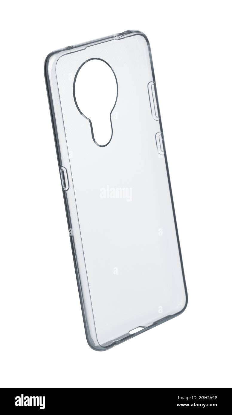 Paraurti vuoto in silicone protettivo trasparente per smartphone isolato su bianco Foto Stock
