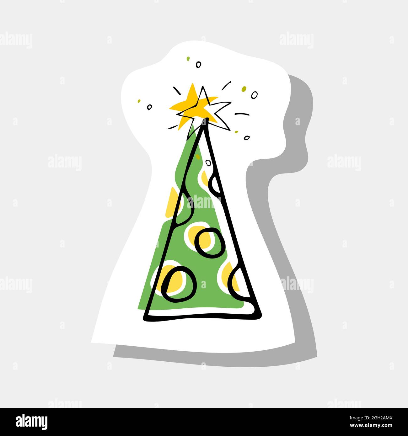 Illustrazioni disegnate a mano con albero di Natale colorato e stella per adesivo, stampa, poster, disegno di carte. Illustrazione Vettoriale