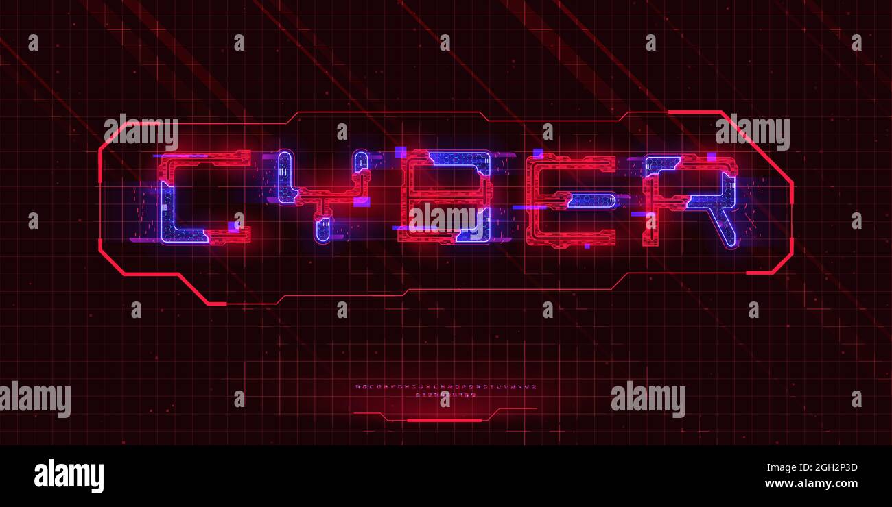 Carattere futuristico stile cyberpunk. Alfabeto inglese e numeri con elementi ciberpunk rossi ed effetto ologramma al neon hud blu. Ideale per striscioni di design Illustrazione Vettoriale