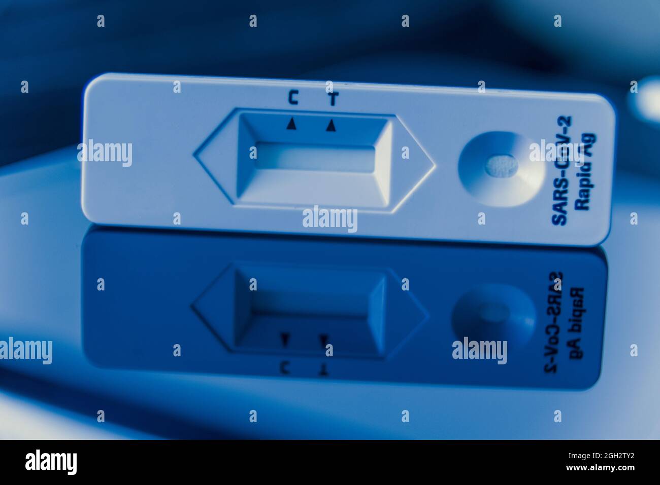 Kit auto-test COVID-19 Antigen Test, vendita in Drugstore. Dispositivo di test tampone sterile, provetta tampone di estrazione. Primo piano. Foto di alta qualità Foto Stock