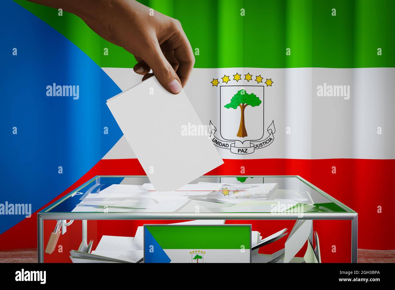 Bandiera della Guinea Equatoriale, mano che cade la scheda di voto in una scatola - voto, concetto elettorale - illustrazione 3D Foto Stock