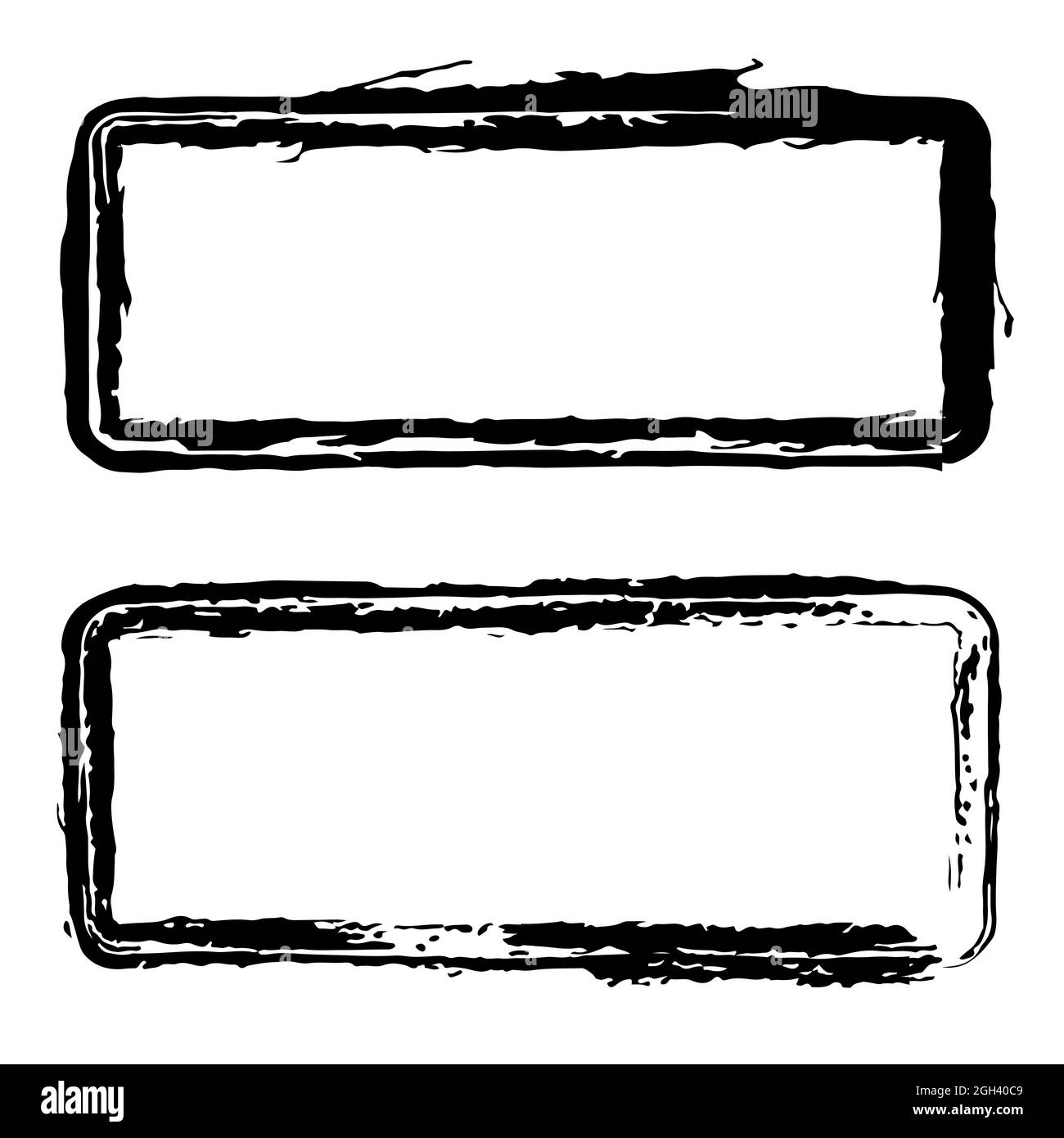 Set di francobolli a grunge neri. Frame vettoriali. Isolare le texture di distress nere. Elementi di design sporchi per bordi, emblemi, badge, etichette Illustrazione Vettoriale