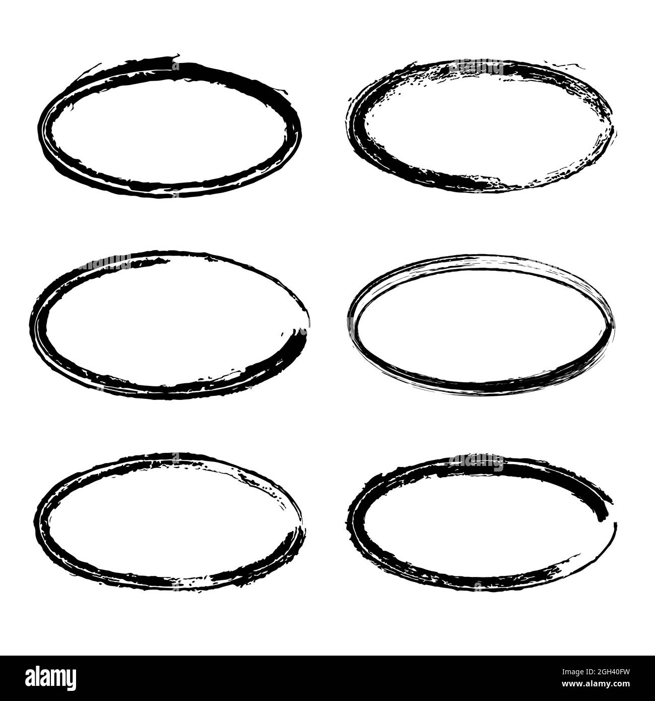 Set di timbri ovali neri grungi. Frame vettoriali. Isolare le texture di distress bianche. Elementi di design sporchi per bordi, emblemi, badge, etichette Illustrazione Vettoriale