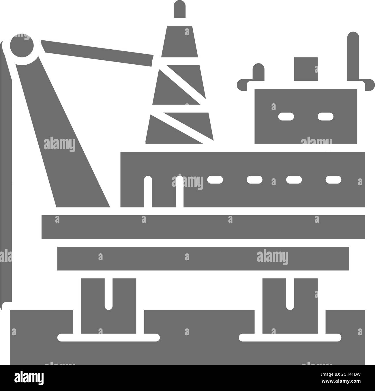 Piattaforma petrolifera in mare, carro di perforazione carburante, icona grigia della stazione di pompaggio. Illustrazione Vettoriale