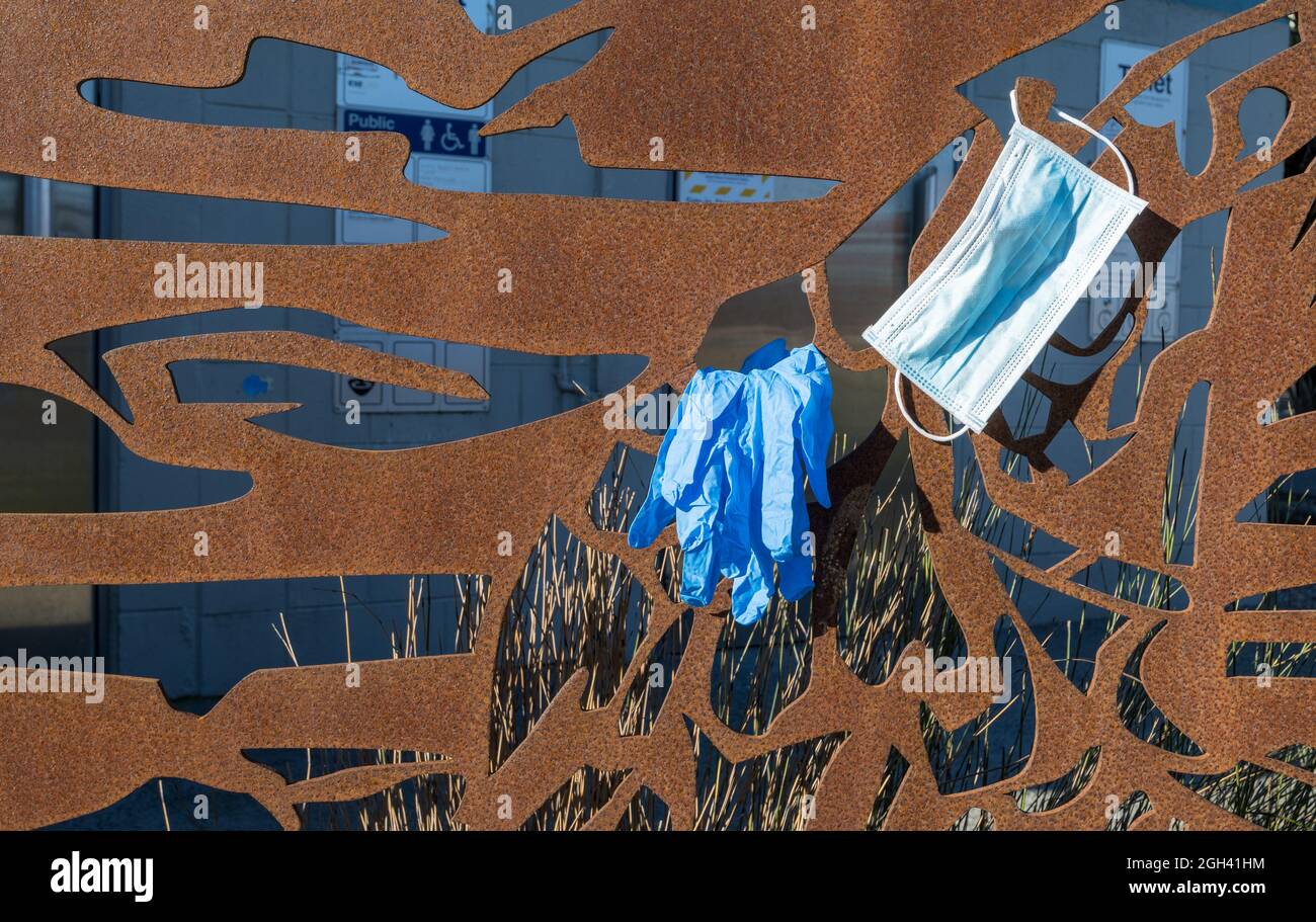 Guanti e maschera sono lasciati appendere su alcuni lavori di arte pubblica a Petone. Foto Stock