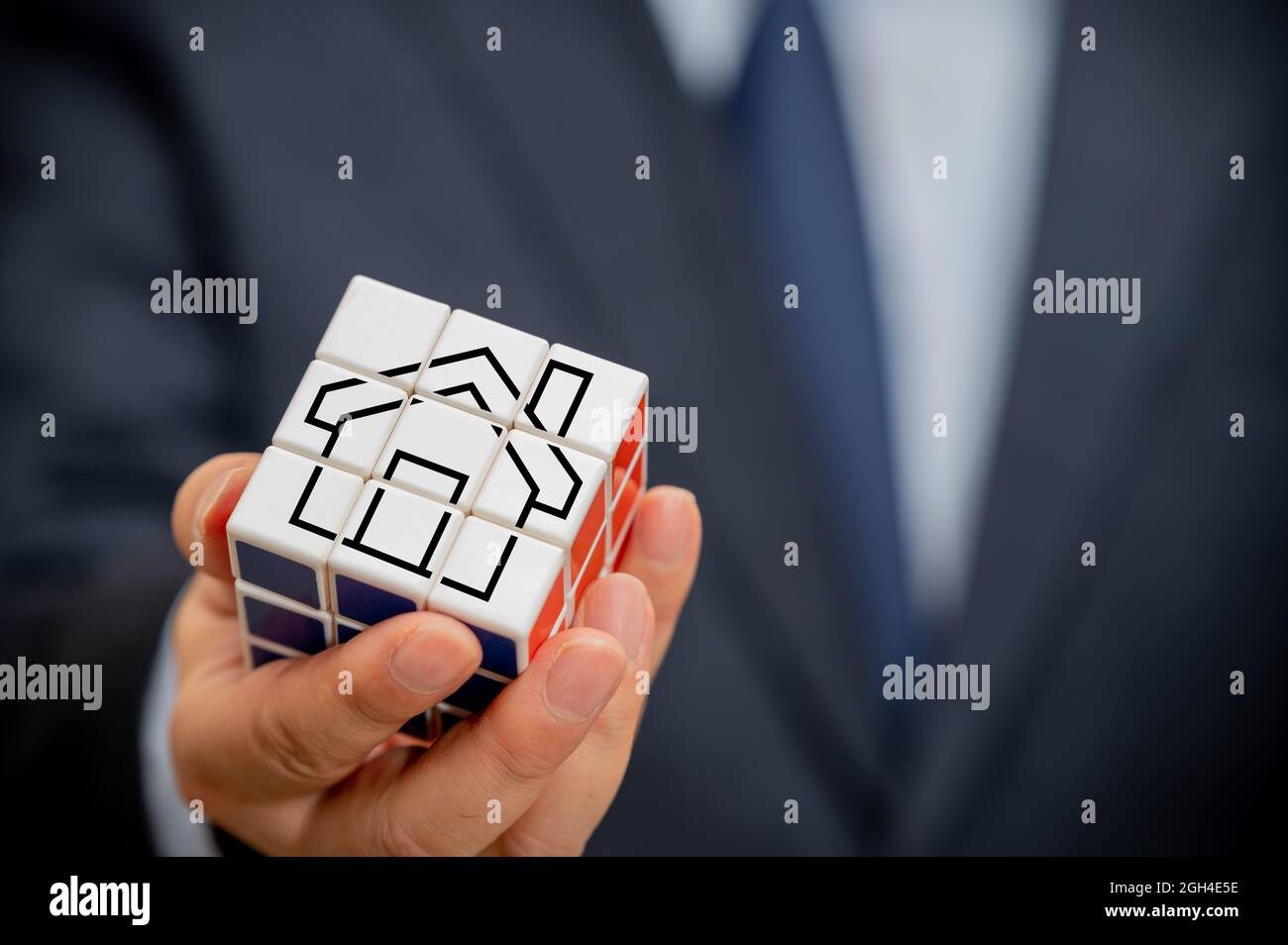 La mano di un uomo d'affari che tiene un cubo con una vista dell'icona della casa. Foto Stock La mano di un uomo d'affari che tiene un cubo con una vista dell'icona della casa. Foto Stock