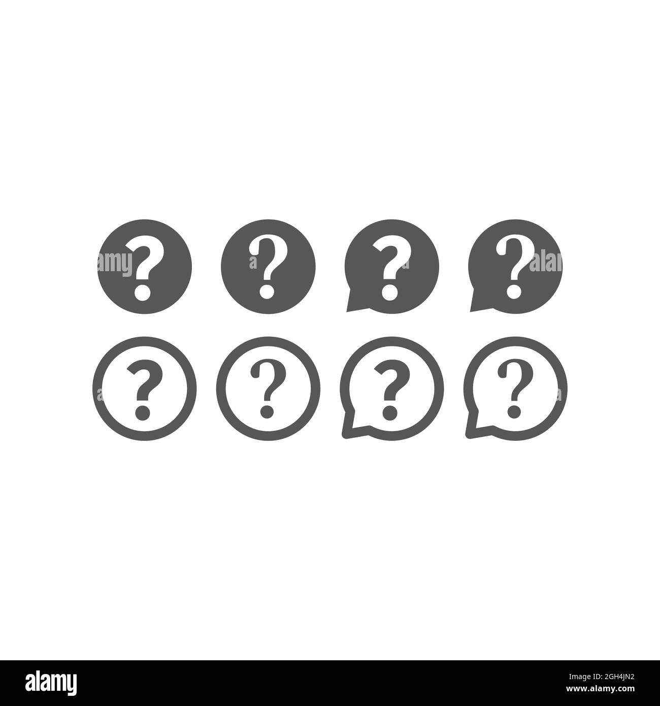Cerchio del punto interrogativo e icona a forma di bolla. Icone vettoriali nere della Guida e delle FAQ. Illustrazione Vettoriale