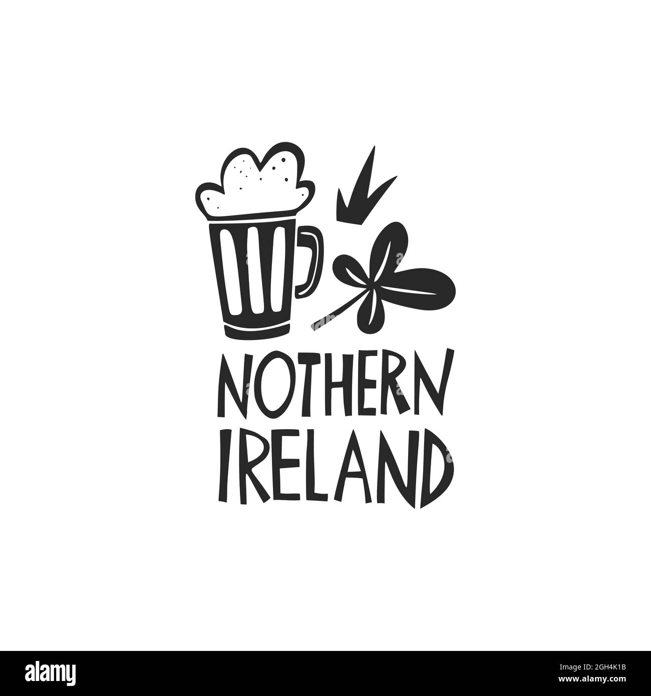 Logo Vector disegnato a mano per l'Irlanda del Nord. Illustrazione di viaggio della Gran Bretagna. Illustrazione scritta disegnata a mano. Punto di riferimento irlandese Illustrazione Vettoriale