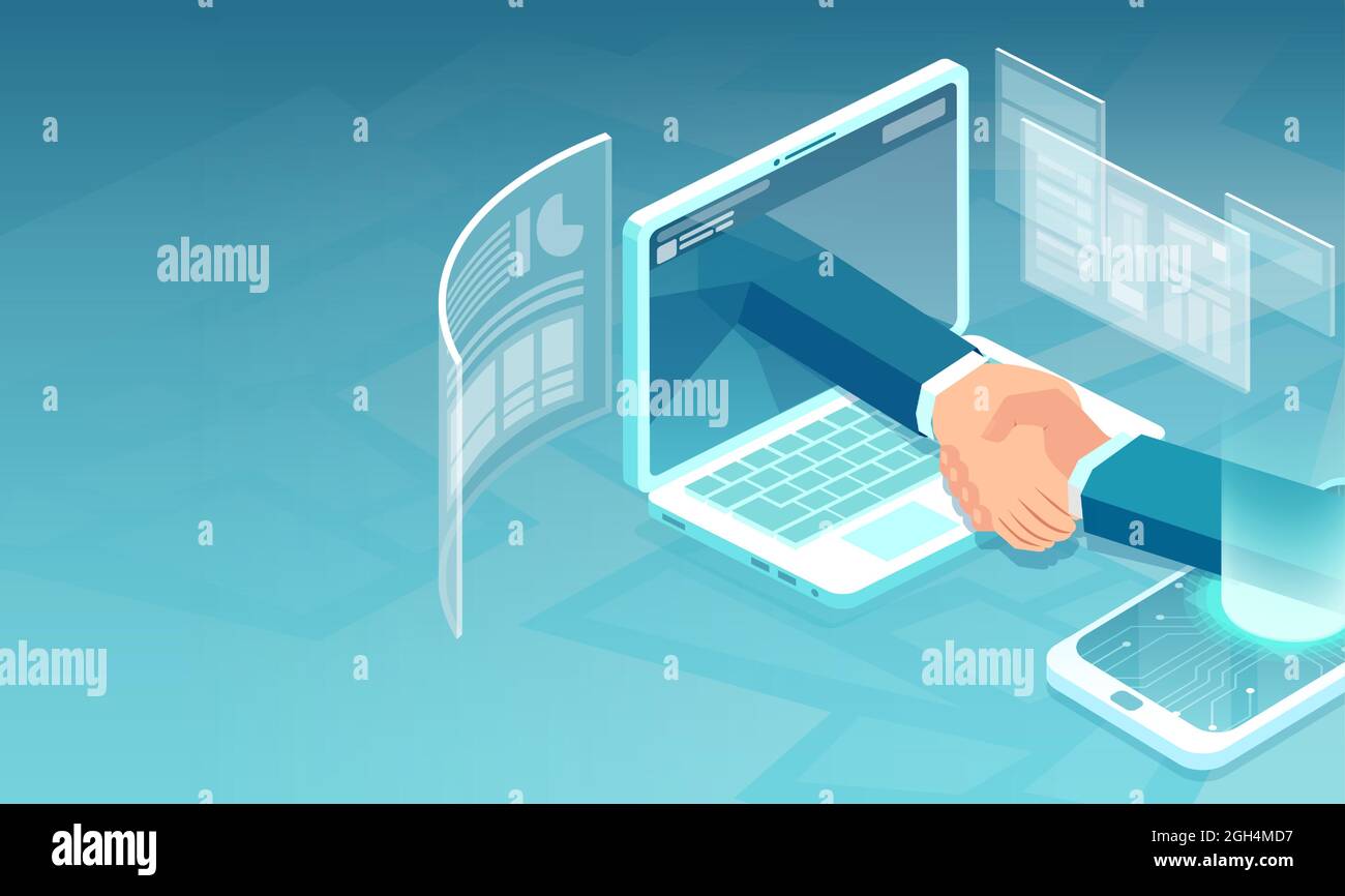 Vettore della gente di affari che comunica in linea avendo accordo e scuotendo le mani. Illustrazione Vettoriale