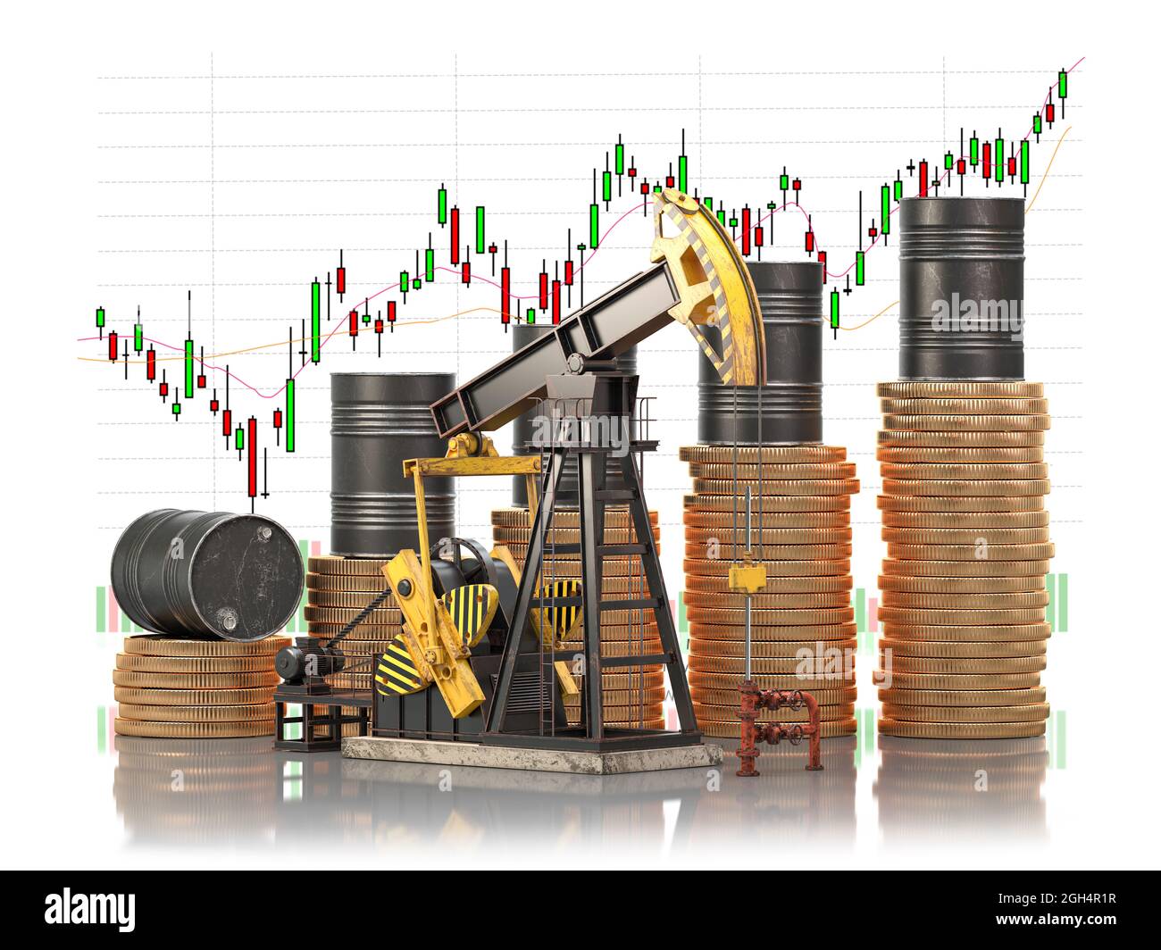 Barili di petrolio su pile di monete d'oro e jack pompa dell'olio con grafico dei prezzi di mercato. Crescita dei prezzi delle scorte petrolifere e estrazione del concetto di petrolio. illustrazione 3d Foto Stock